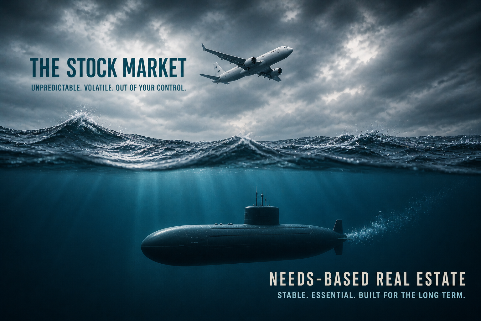 A plane flying through stormy skies above choppy ocean waves, while a submarine glides calmly beneath the surface, labeled 'The Stock Market' above and 'Needs-Based Real Estate' below.