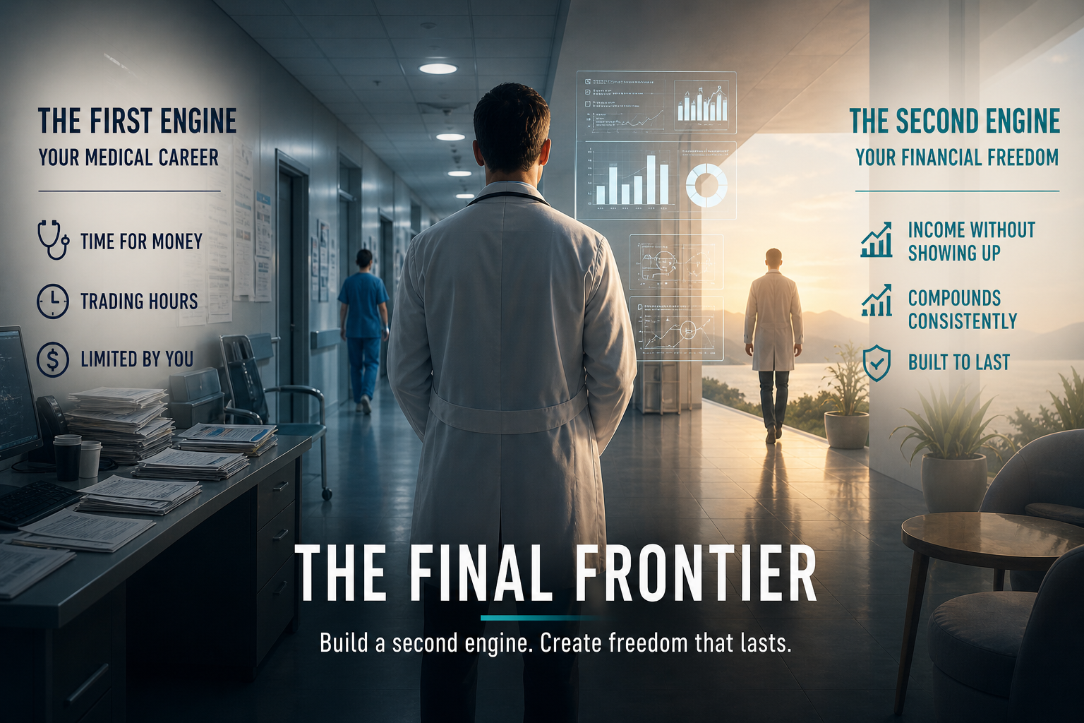 A physician transitioning from a hospital corridor into financial freedom, illustrating the First Engine (medical career) and Second Engine (passive income) framework.