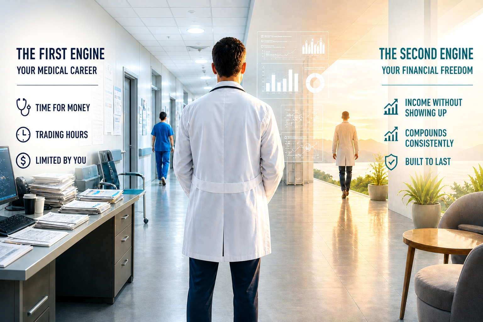 The First Engine versus The Second Engine. A doctor stands at the threshold between a busy hospital corridor representing active medical practice — trading time for money — and a brighter scene representing financial freedom built through passive income that compounds consistently and is built to last.